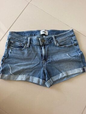 PAIGE Blue Rolled Hem Distressed Denim Shorts